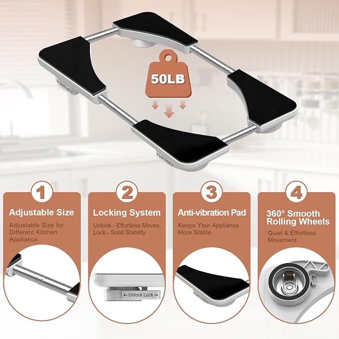 Adjustable Appliance Slider Tray - Expandable 6" x 11"- 11" x 20" Sliding Tray for Kitchen Appliances - 360° Countertop Rolling Tray with Locking Brakes for Coffee Makers Mixers