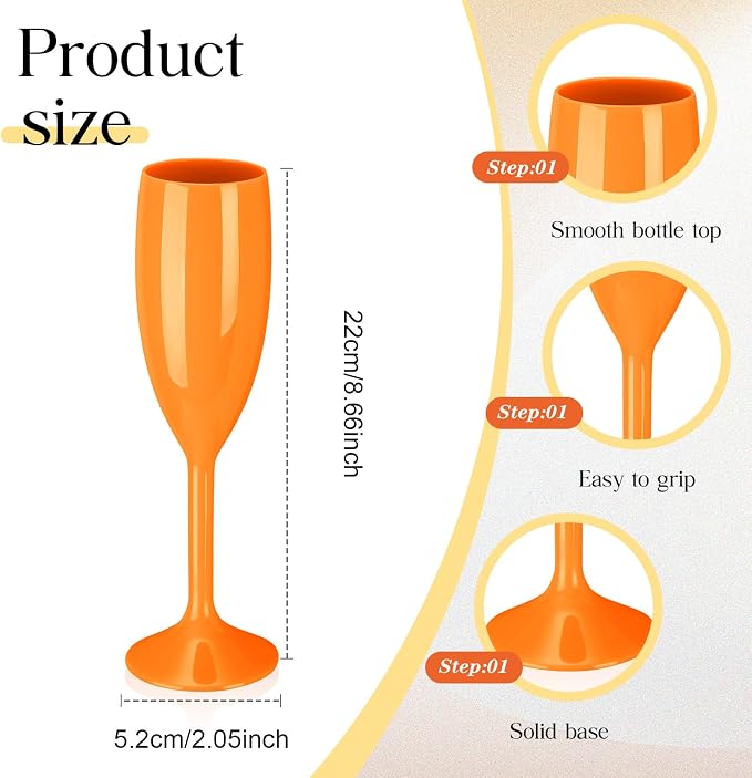 Maxcheck 24 Pcs Champagne Flutes Bulk Acrylic Toasting Drinking Flute Unbreakable Goblet Champagne Cups 6 oz Plastic Wine Glasses for Mother's Day Wedding Bridal Shower Anniversary Party (Orange)