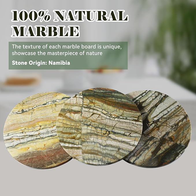 Koville Marble Cutting Board for Kitchen, 16"x16" Inches Round Stone Cutting Board, Marble Tray for Baking Charcuterie Pastry, Serving Tray for Countertop, Large Stone Slab(Pocahodas)