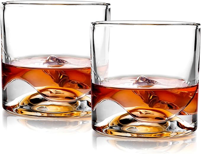 LIITON Denali Mountain Heavy Crystal Whiskey Glasses Gift Set of 2, Thick Freezable Bourbon Glass 1lb Each, Premium, Frozen Crystal Chills Cocktails, 10 oz