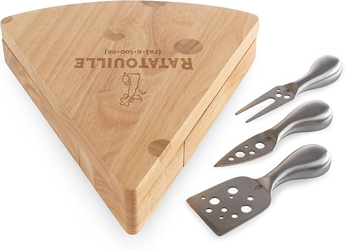 PICNIC TIME Disney Ratatouille Swiss Cheese Board and Knife Set, Wedge Shaped Charcuterie Serving Board with Hidden Tools and Laser Engraved Artwork, (Natural Wood)