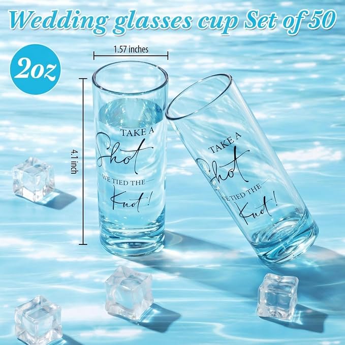 Sliner 50 Set Wedding Favors for Guests Bulk 2oz Acrylic Take a Shot We Tied the Knot Shot Glasses with Thank You Cards Organza Bags for Guest Souvenirs Wedding Newlyweds Bridal Shower Gifts (Blue)