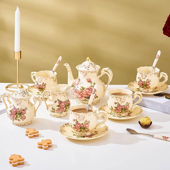 Tea Cups and Saucers Set of 4, 8 Oz Ivory Rose Floral Porcelain Teacup and Saucer Set with Gold Trim, Vintage Tea Cups with Spoon, European Style (Pink Rose)