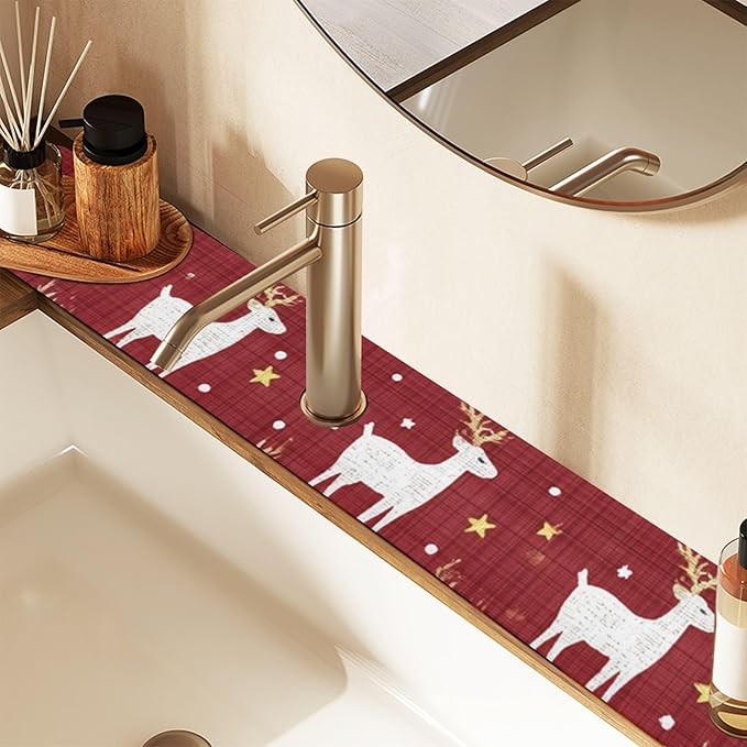 Kitchen Sink Splash Guard 2 PCS 30 Inch Sink Faucet Mat Splash Guard for Bathroom Countertop Water Absorbent Foldable Cuttable Soft Washable Red Christmas Reindeer Star Dots