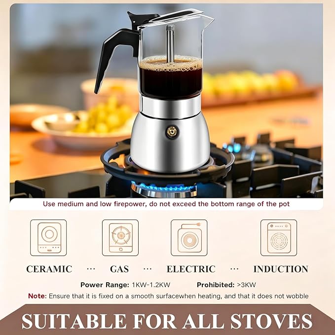 Moka Pot Stovetop Espresso Maker, Crystal Glass Top 304 Stainless Steel Coffee Brewer, 300ml 6-Cup Italian Coffee Pot for Gas Stove Home Kitchen & Camping