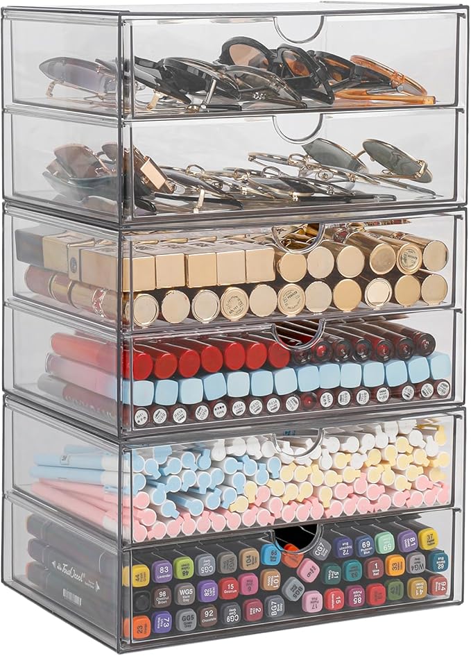 Stackable Storage Drawers, Plastic Storage Bins for Home Office, Bathroom, Kitchen, Pantry, Clear Desk Organizer for Accessories, Marker, Pencils, Books, Art Crafts, Makeup (6 Drawers)