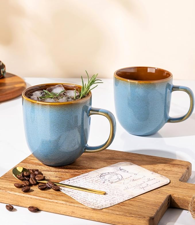 LERATIO Ceramic Coffee Mugs Set of 6,12oz Handmade Coffee Mugs Set with Large Handle for Cappuccino/Latte/Tea/Hot Cocoa,Dishwasher & Microwave Safe-Ocean Blue