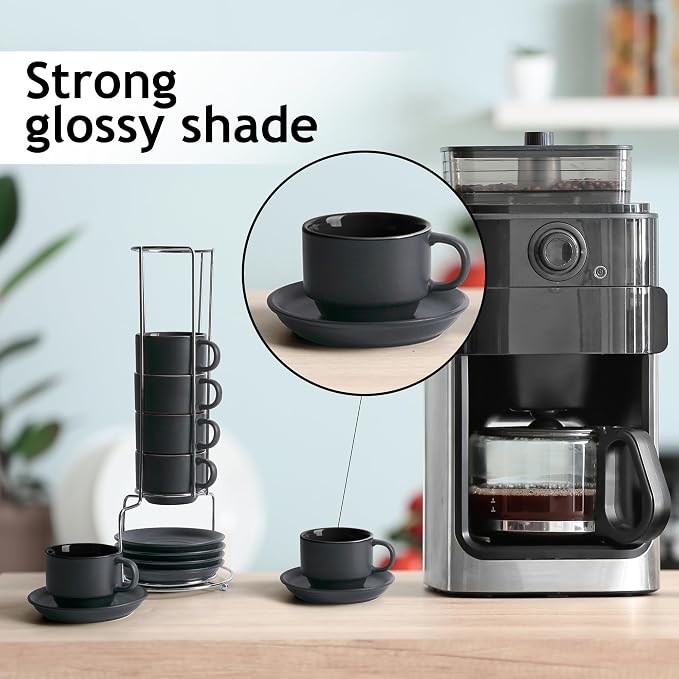 MIAMIO - 2.5 oz Espresso Cup Set with Saucers Coffee Mug Set of 6 - Ceramic Coffee Mug Stackable Espresso Mug with Stand for Coffee Drinks, Latte, Cafe Mocha - Le Papillon Collection (Black)