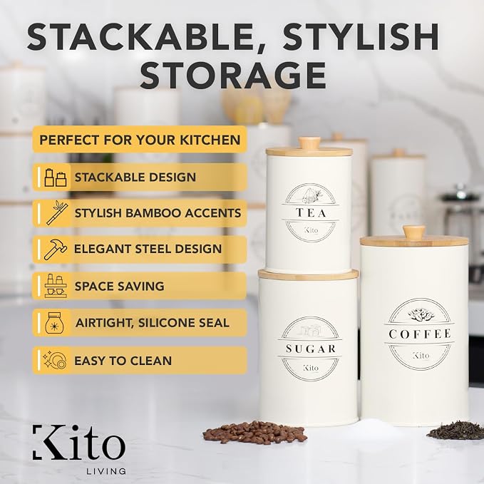 Kito LIVING Canisters Sets for Kitchen Counter Storage and Organization with Wooden Bamboo Lids, Food Pantry Containers, Stackable Steel Storage Bins, Airtight Sugar Tea Coffee Canisters - Cream