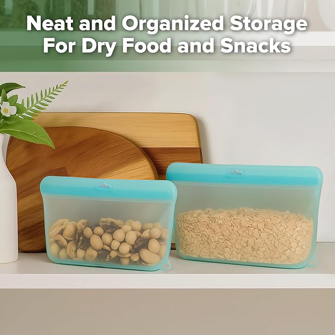 Haakaa Dot Seal Reusable Silicone Food Storage Bags, 2 Pack- Silicone Leakproof Freezer & Sandwich Snack Bags, BPA Free Food Containers, Microwave & Dishwasher Safe, Turquoise (500ml, 1000ml)