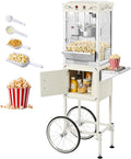 VEVOR Popcorn Machine with Cart, 8oz Stainless Steel Kettle, 800W Commercial Popcorn Maker, 48 Cups per Batch Theater Style Popper, with 2-Button Control Glass Wall PC Door 1 Scoop 3 Spoons, White