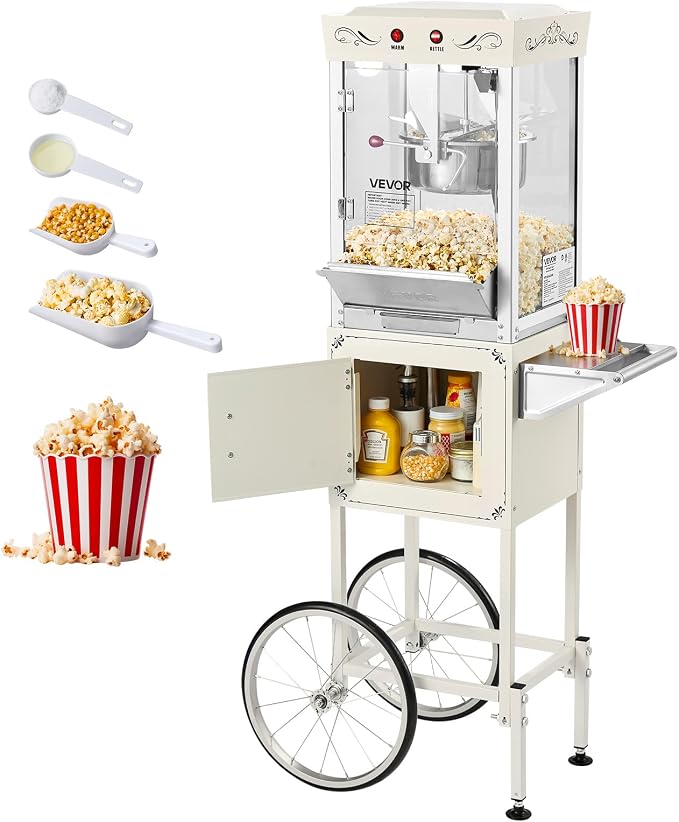 VEVOR Popcorn Machine with Cart, 8oz Stainless Steel Kettle, 800W Commercial Popcorn Maker, 48 Cups per Batch Theater Style Popper, with 2-Button Control Glass Wall PC Door 1 Scoop 3 Spoons, White