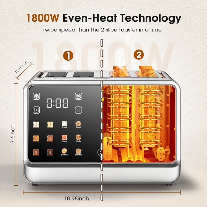 4 Slice Toaster with Dual Touchscreen, 1800W Stainless Steel Dual Zone Independent Control Extra Wide Slot 1.5 Inch, Smart BreadID Timer for Bagel Waffle, Kitchen Essentials