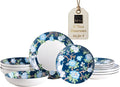 222 Fifth 12-Piece Porcelain Dinnerware Set for 4, Luxury White & Bohemian Blue Plates and Bowls Set, Glossy Ceramic Dish Set with Detailed Floral, Microwave & Dishwasher Safe Dishes, Nightingale