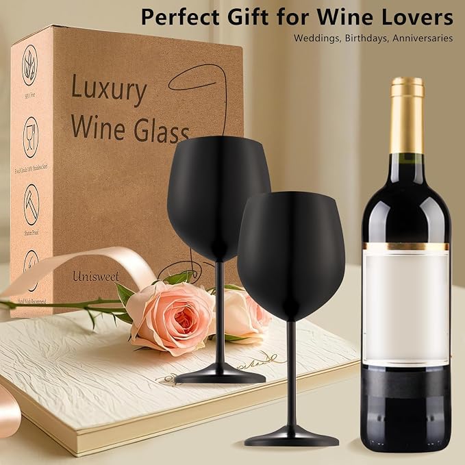 UNISWEET Stainless Steel Wine Glasses Set of 4 Unbreakable Wine Glass 18 oz Unique Metal Wine Goblets for Outdoor, Travel, Camping, Pool, Ideal Gift for Wine Lovers (Matte-Black)