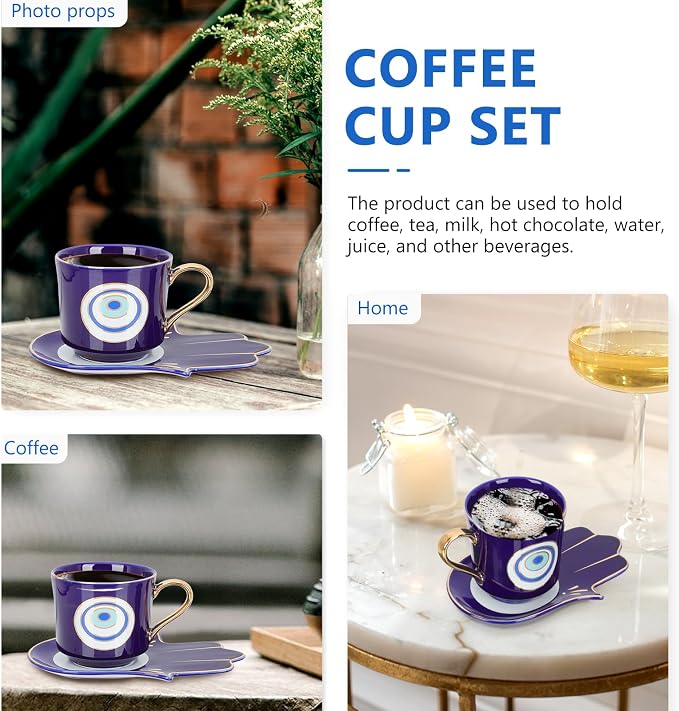 Luxshiny Evil Eye Coffee Cups Set: Turkish Blue Eye Espresso Cup Water Milk Mug Amulet Protection Tea Cup with Hamsa Hand Saucer Plate for Drinks Latte Lucky Decor Blue