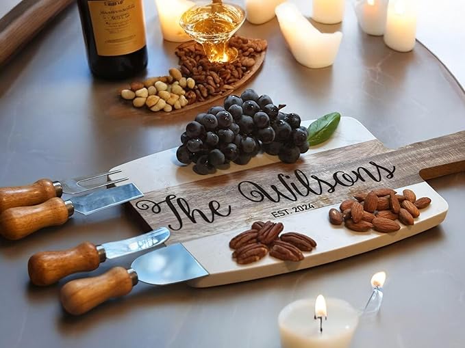 Personalized Marble Wood Charcuterie Board with Serving Tools and Coasters-Anniversary Wedding Gift Bridal Shower Engagement Housewarming Gift-Natural Acacia Engraved Charcuterie Board (Personalized)