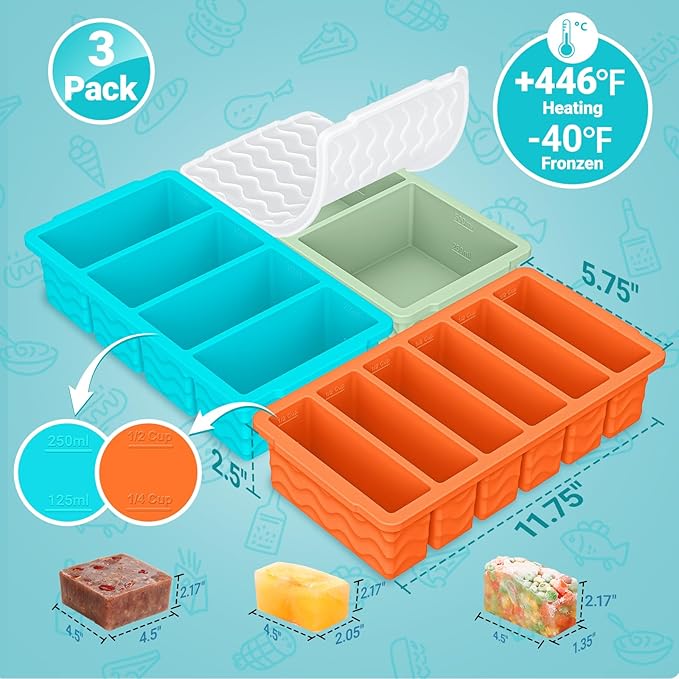 Doasuwish 3-Pack Silicone Freezer Trays with Lid,2 Large 2-Cup(500ml)&4 Medium 1-Cup(125ml)&6 Small 1/2-Cup(75ml) Soup Freezer Container Molds,Ice Cube Tray For Meal Prep&Freezing Soup,Stews,Sauces