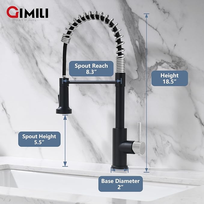 GIMILI Kitchen Faucet with Pull Down Sprayer Single Hole Stainless Steel Sink Faucet, Suitable for Farmhouses, RV, Laundry Room, Outdoor, and Campers. Llave para fregadero de cocina Black and Nickel