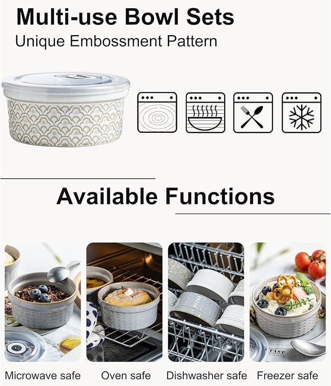 12 oz Ramekins with lids Oven Safe, Ceramic Creme Brulee Ramekins with Covers, Cute Ramekin Sets, Small Serving Baking Bowls food storage containers set of 4, Beige Cloud