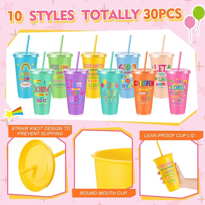 Uiifan 30 Pcs Christian Cups Bulk for Kids, Vacation Bible School Gifts Religious Plastic Tumblers with Bible Verses, Sunday School and Church Gifts, Reusable Cups with Lids and Straws (Pastel)