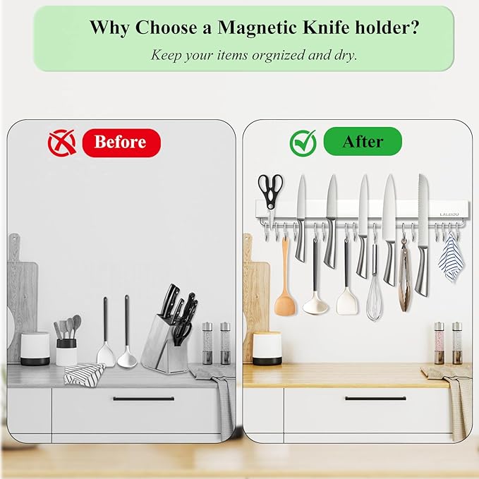 Magnetic Knife Holder for wall, 23 Inch Knife Magnetic Strip with 15 Hooks, Stainless Steel Knife Holder Magnet Rack for Kitchen Organizer, Mount with Adhesive or Screws