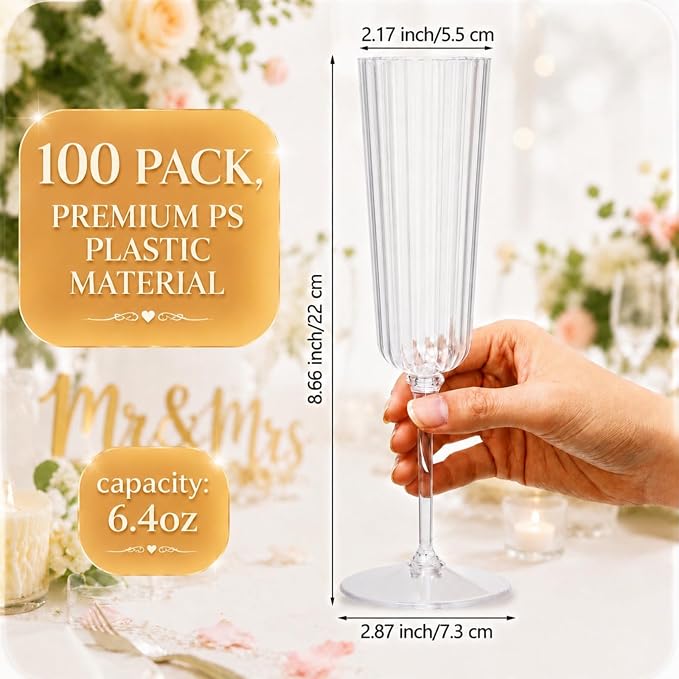 Jingmore 100 Pcs Plastic Ribbed Champagne Flutes With Stem, 6.4 oz Clear Vintage Disposable Vintage Mimosa Glasses for Wedding Birthday Anniversary (Clear)