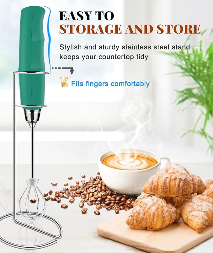 YUSWKO Milk Frother Handheld for Coffee with Stand, Rechargeable Drink Mixer with 3 Heads 3 Speeds Electric Coffee Frother Whisk, Gift for Many Occasions and Festival