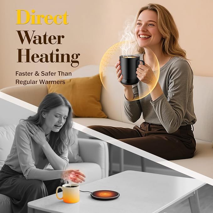 14oz Smart Heated Mug, Rechargeable Self-Heating Coffee Mug with 10 Temp Settings, Keeps Coffee Hot for Hours, No App Required, LED Display & Memory Function for Home Office, Coffee Tea Lover (Black)