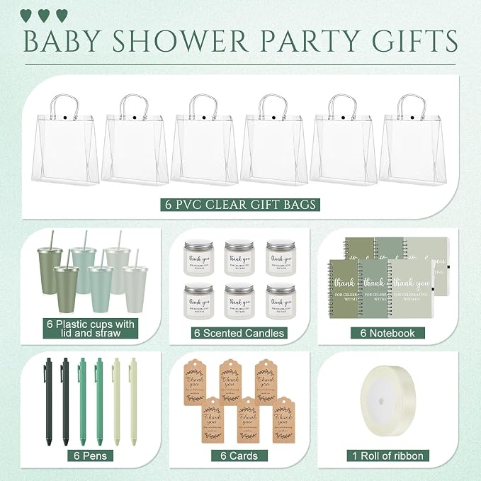 Nuogo 6 Sets New Parent Shower Prizes for Player Winners Adult, Wedding Bridal Shower Gift, Plastic Tumbler Notebook Scented Candle Ballpoint Pen Bag (Gradient Green,Classic Style)