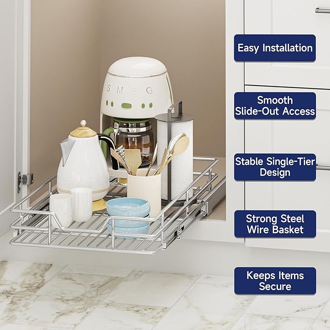 Pull Out Cabinet Organizer, 16.5" W x 21.5" D, Heavy Duty Chrome Slide Out Shelf for Base Cabinets, Sliding Wire Basket Drawer for Pantry Items, Bowls, Containers & Cleaning Supplies