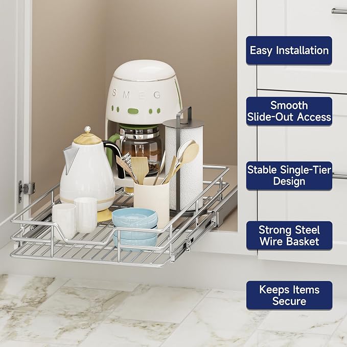 Pull Out Cabinet Organizer, 15.5" W x 21.5" D, Heavy Duty Chrome Slide Out Shelf for Base Cabinets, Sliding Wire Basket Drawer for Pantry Items, Bowls, Containers & Cleaning Supplies
