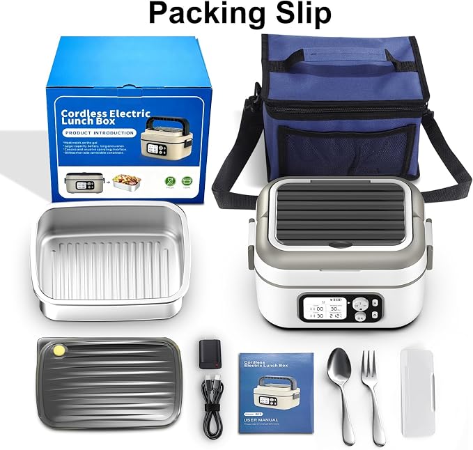 Cordless Electric Heated Lunch Box for Adults, XL 6.3-Cups Rechargeable Battery Powered Smart Self Heating Lunchbox for Men Women, 100W Food Warmer for Trucks Driver Travel Office Worker