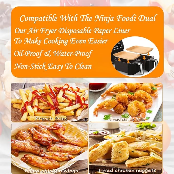 300 PCS Air Fryer Liners Disposable, 8.1 * 5.1 inch Air Fryer Paper Fit 2-Basket 8-10QT, Food Grade Baking Paper made for Ninja DZ201,DZ401,DZ550,SL401