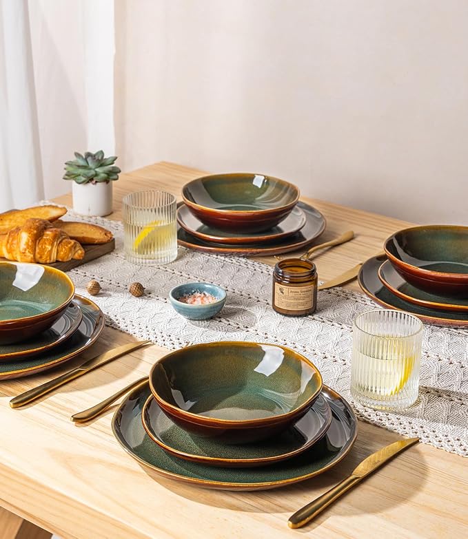 GBHOME Stoneware Dinnerware Sets for 4, 12 Pieces Rustic Earthenware Plates and Bowls Set, Handmade Reactive Glaze Ceramic Plate Sets, Chip Resistant Dishes, Microwave & Dishwasher Safe, Green Brown
