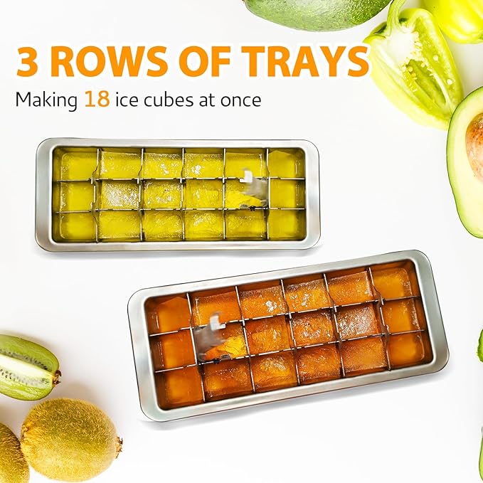 Stainless Steel Ice Cube Tray with 18 Slots, Metal Ice Cube Maker with Removable Trays, Easy Release Handle & Level, Dishwasher Safe for Bars, Kitchens & Frozen Foods
