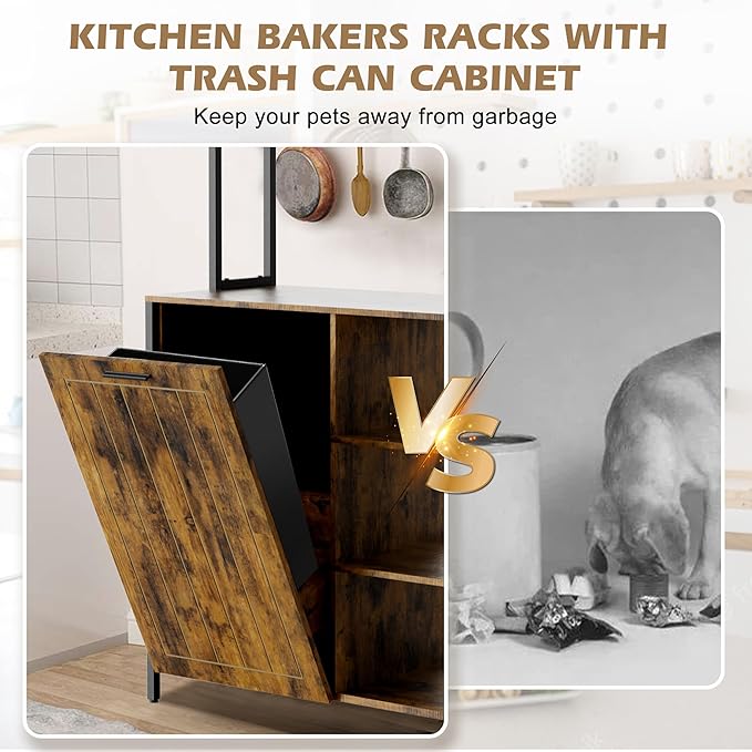 Kitchen Bakers Rack with Power Outlets, 63"H Microwave Oven Organizer with Tilt Out Trash Can Cabinet Storage Shelf 6 Tiers Coffee Bar Stand, Freestanding Pantry Hutch Rack with 6 Hooks (brown)