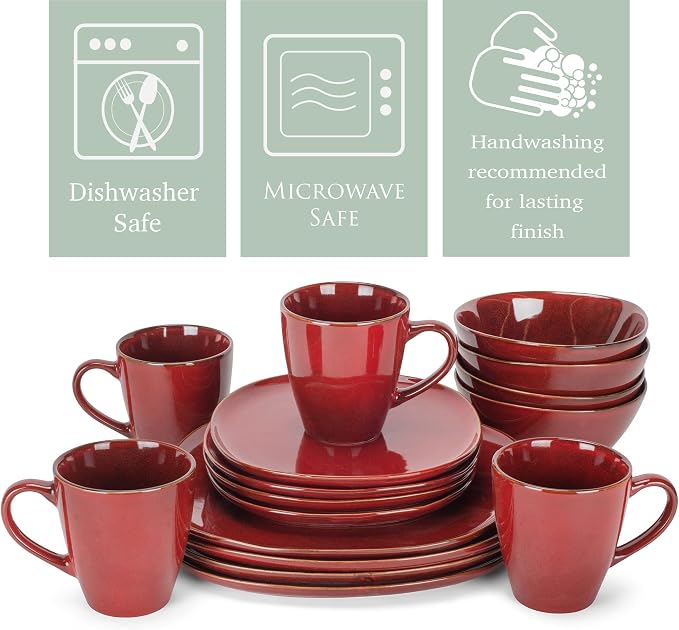 Elanze Designs 16-Piece Modern Luxury Chic Smooth Vintage Handmade Shape High Gloss Ceramic Stoneware Square Plate Mug & Bowl Kitchen Dinnerware 16 Piece Set - Service for 4, Deep Crimson Red