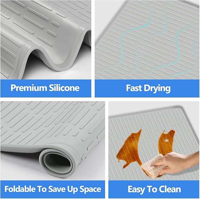 36"x24" Silicone Dish Drying Mat for Kitchen Lanstics Drying Kitchen Mat Versatile Silicone Mat for Dishes Non-Slip Drying Mat Fast Dry Kitchen Counter Drying Mat for Home Coffee Bar Accessories