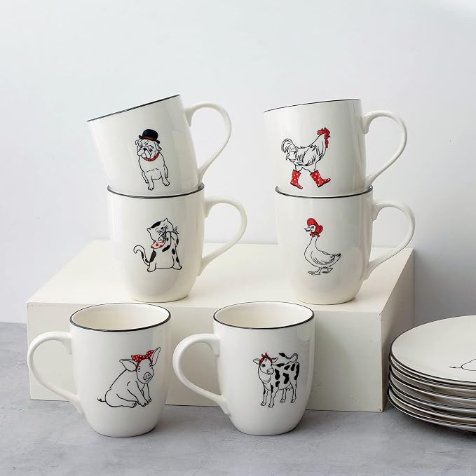 LEHAHA Farmhouse Coffee Mugs Set,16 OZ Animal Large Ceramic Mugs with Handle, Set of 6, Christmas Porcelain Cups for Coffee, Tea, Cocoa, Office and Home Use, Practical Gift, Assorted Design