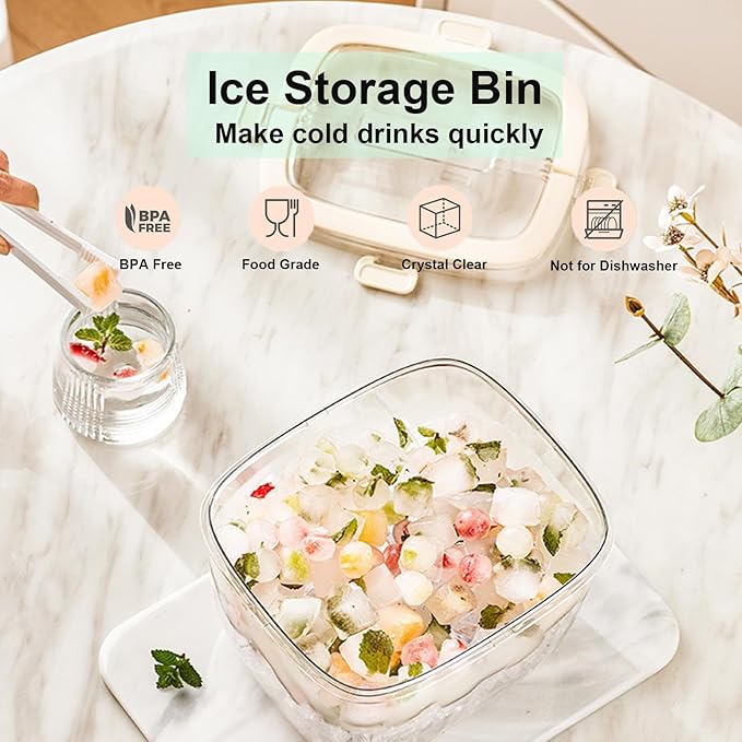 4QTS Ice Cube Storage Bin with Sealed Lid for Freezer Clear Ice Bucket w/ Tong for Bar Hotel Refrigerator Containers for Home Beverage Cooler for Whiskey Wine Beers Party Outdoor 8.5*6.6*7.4in