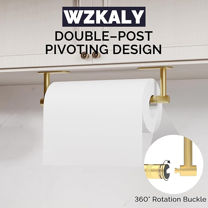 Paper Towel Holder Under Cabinet, Self Adhesive or Wall Mounted SUS304 Stainless Steel Paper Towel Holder for Kitchen, Farmhouse, Barbecue and Laundry (Brushed Gold)