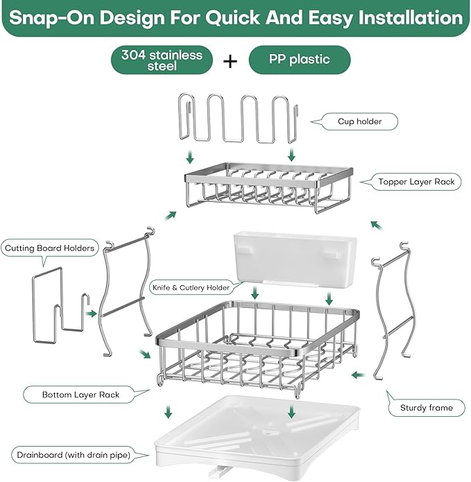 2 Tier Dish Drying Rack,Stainless Steel Dish Rack For Storing Knife Fork Pots&Pans,Dish Drying Rack With Drain Tray For Kitchen Countertops/Sinks,Silver Tiered Dish Rack With Retractable Drain Outlet