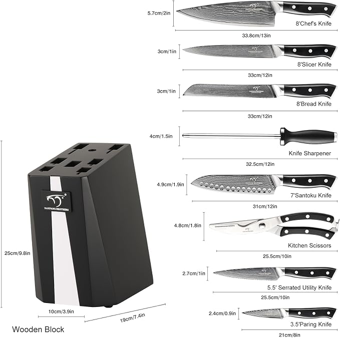 NANFANG BROTHERS Damascus Knife Set, 9-Piece VG10 Kitchen Knives with Block | 9-piece professional Damascus kitchen knife set with VG10 steel core, 66 layers, wood block, and ABS handles