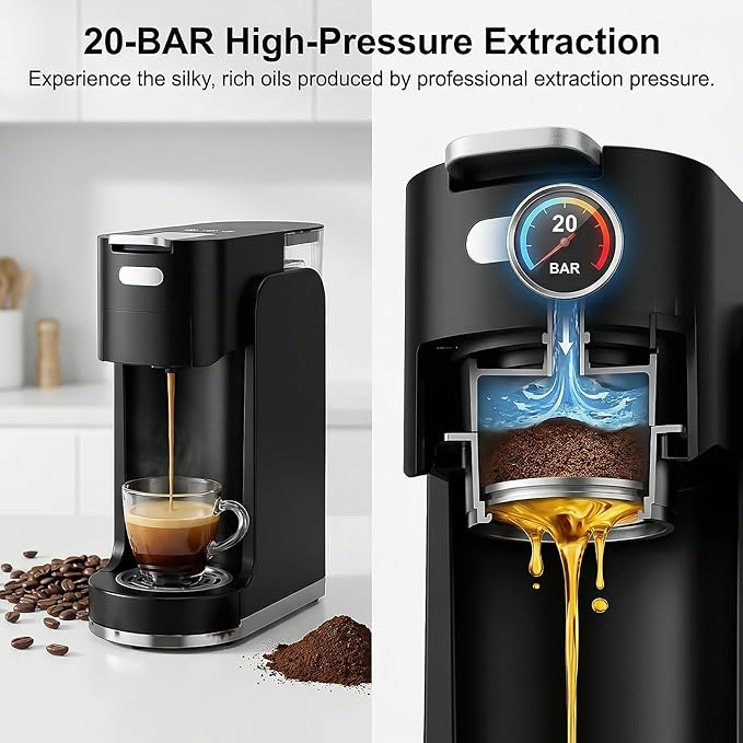 All-in-1 Single Serve Coffee Machine, Hot and Iced Coffee Maker for Ground Coffee, K-Cup Pod, NES Original and DG Pod, 20 Bar Espresso Coffee Maker, Customizable Brew Volume, Heats up in 3 seconds