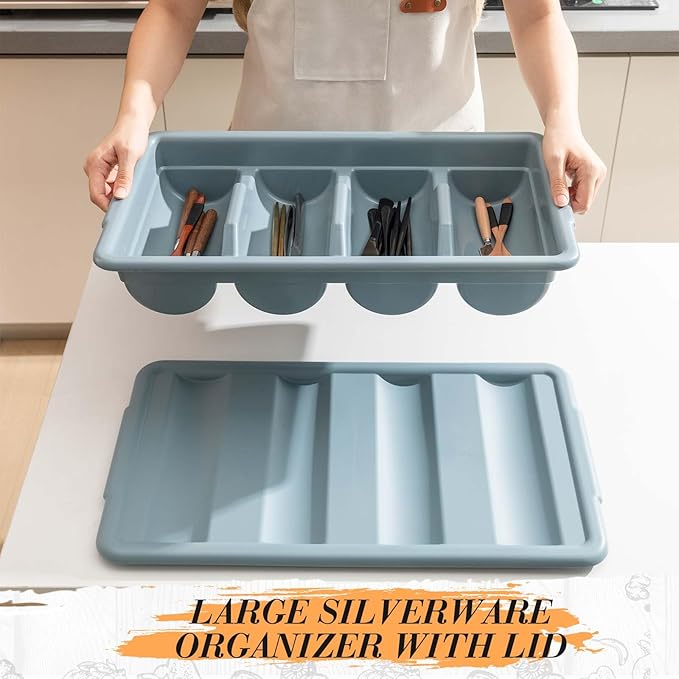 Maxdot 2 Pcs 20.5 x 11.9 x 3.7 Inch Silverware Organizer with Lid, Commercial 4-compartment Restaurant Kitchen Cutlery Tray, Plastic Silverware Storage Container, Condiments Holder (Grayish Blue)