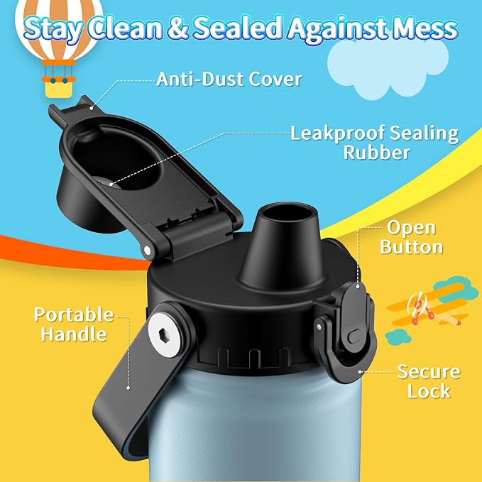 baab 18oz Kids Water Bottle, Insulated Kids Water Bottle with Lockable Spout Lid & Stickers, 18/8 Stainless Steel Vacuum Leakproof Kid Water Cup for Boy Girl School (Navy Blue+Light Blue, 2 Pack)