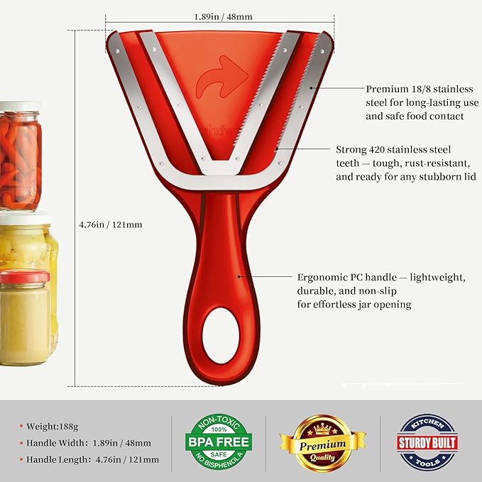 Jar Opener for Weak Hands & Seniors with Arthritis, Easy Twist-Off Lid & Bottle Opener, Ergonomic Handle with Stainless Steel Teeth, Practical Kitchen Gift for Elderly, Women & Men (0.2–5.3 in, Red)