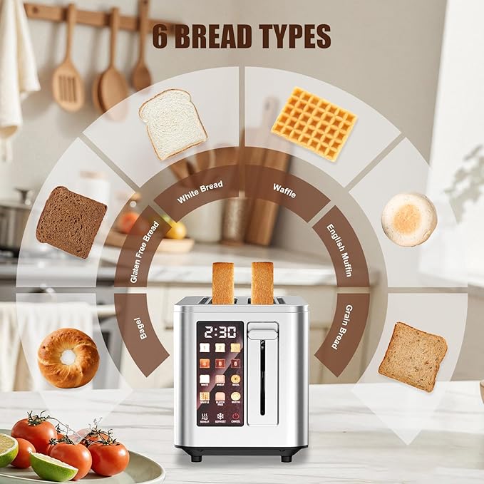 2026 Upgraded TAZTIR Touch Screen Toaster 4 Slice, Premium Stainless Steel Digital Bread Toaster with Timer, 1.5'' Wide Slot, 6 Shade Settings & 6 Bread Types, Bagel Defrost Reheat Cancel Functions