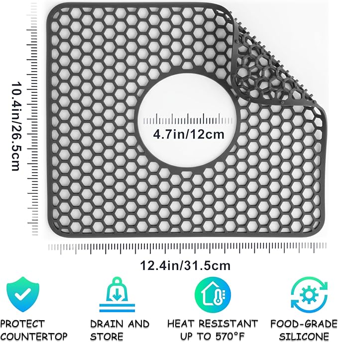 Silicone Sink Protectors for Kitchen - Non-Slip Heat Resistant Grid Mat for Farmhouse Porcelain Stainless Steel, Protects & Cushions Your Sink(Black 1PCS, 12.4"x10.4" Center Drain)